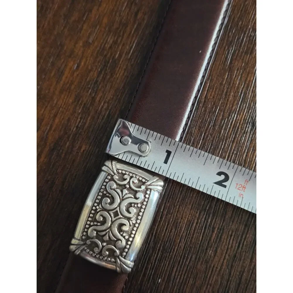 Fossil leather brown belt silver toned square buckle embellishments western M